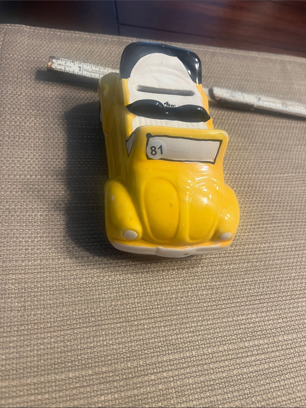 81 Yellow Ceramic  VW bug Car Coin Bank y- Decorative Kids Car